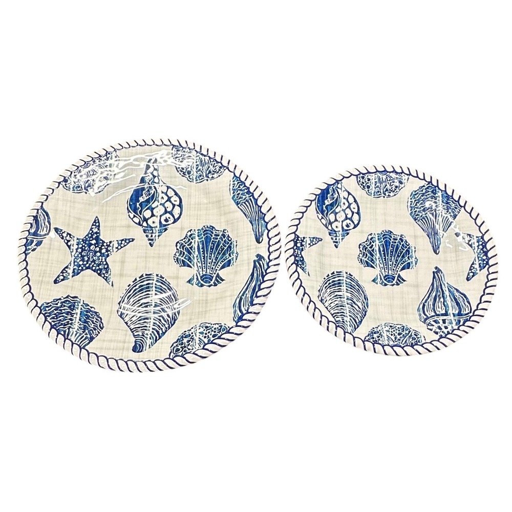 Tommy Bahama Melamine Plates Set 2 Blue White Coastal Shells Excellent‎ Nautical
